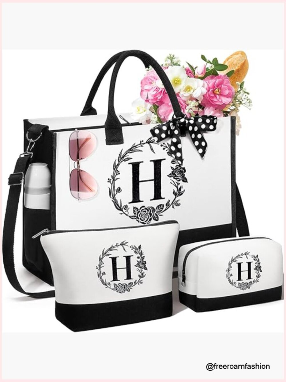 Initial Canvas Tote Bag & Makeup Bag Set - Personalizable Monogrammed Beach Tote